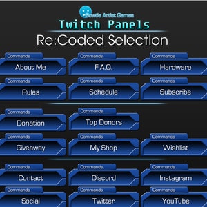 Peut inclure: Graphique numérique avec des panneaux Twitch bleus contenant du texte tel que "About Me", "F.A.Q.", "Hardware", "Rules", "Schedule" et "Subscribe". Les panneaux sont disposés sur un fond sombre.