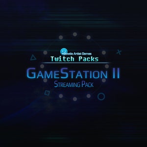 Puede incluir: Un gráfico azul y morado con el texto "Twitch Packs" y "GAMESTATION II STREAMING PACK" sobre un fondo azul oscuro con un círculo de puntos blancos.