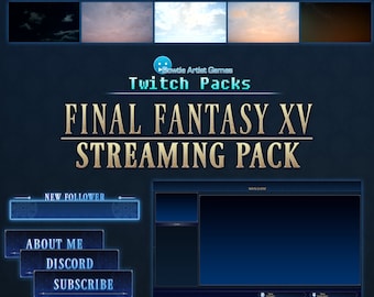 May include: A blue and gold Twitch streaming pack for Final Fantasy XV. The pack includes a new follower alert, about me, discord, and subscribe buttons, as well as a main event screen.