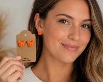 Pumpkin Mouse Stud Earrings, Halloween Clay Earrings, Fall Polymer Clay Earrings, Cute Autumn Studs, Handmade Pumpkin Jewelry