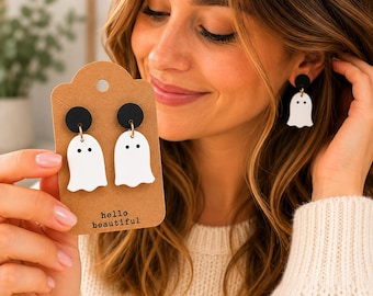 Handmade White Ghost Dangle Earrings, Minimalist Halloween Jewelry, Lightweight Polymer Clay Fall Accessories