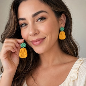 Summerween Earrings, Tiki Pineapple Halloween Earrings, Hawaiian Jewelry, Spooky Clay Dangle Earrings, Pumpkin Earrings Gift