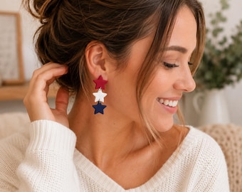 Patriotic Star Earrings, Red White Blue Dangle Earrings, 4th of July Jewelry, Handmade Clay Earrings, USA Flag Earrings Gift for Women