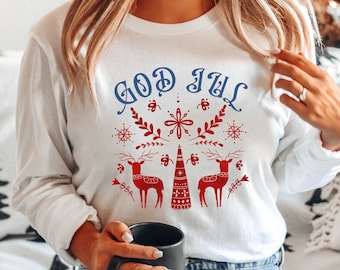 God Jul Long Sleeve Tee, Swedish Christmas Shirt, Scandinavian Folk Art, Nordic Folklore, Gift from Sweden, Swedish Gifts, Gift for Swede