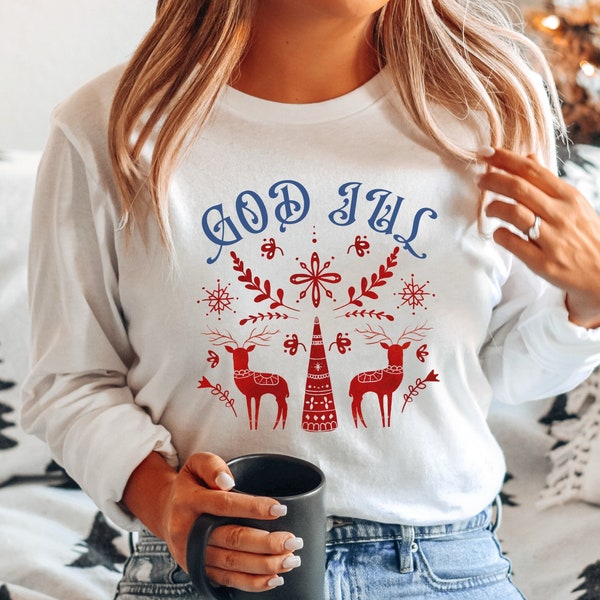 God Jul Long Sleeve Tee, Swedish Christmas Shirt, Scandinavian Folk Art, Nordic Folklore, Gift from Sweden, Swedish Gifts, Gift for Swede