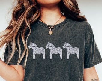 Dala Horse Shirt, Swedish Christmas T-Shirt, Scandinavian Folk Art, Nordic Winter tshirt, Comfort Colors Tee, Folklore Shirts, Sweden Gifts