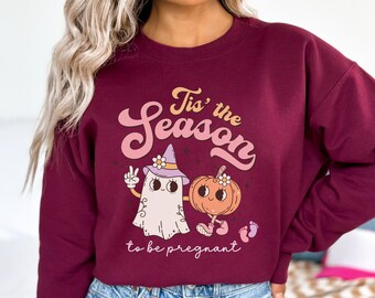Halloween Pregnancy Announcement Shirt Tis The Season Sweatshirt for Pregnant Mom To Be Halloween Sweater Funny Maternity Shirt Baby Reveal
