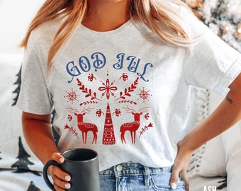 Swedish Christmas Shirt, GOD JUL T-Shirt, Scandinavian Folklore Tee, Nordic Design Shirts, Traditional Ethnic Folk Art, Dala Horse Kurbits