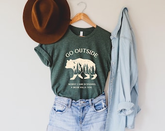 Go Outside Worst Case Scenario a Bear Kills You Short Sleeve Tee, Funny Adventure Shirt, Fun Camping Shirt, Hiking Shirt Funny, Bear Shirt