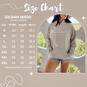 May include: Size chart for a unisex hoodie, showing measurements in inches for width, length, and sleeve length. Sizes range from S to 4XL.