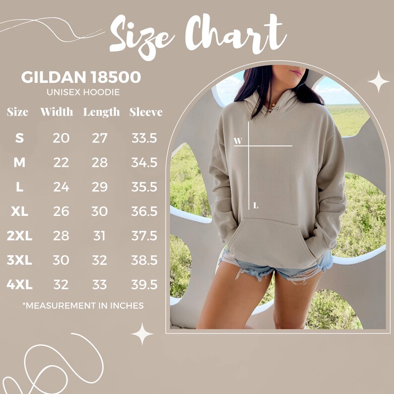 May include: Size chart for a unisex hoodie, showing measurements in inches for width, length, and sleeve length. Sizes range from S to 4XL.