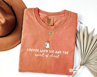 Comfort Colors Iced Coffee Shirt, Christian Apparel TShirt, Cute Ghost T Shirt, Jesus and Coffee Lover Tee, Gift for Christian, Crewneck