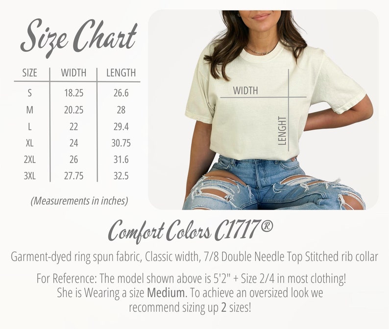May include: Size chart for a t-shirt with measurements in inches. The chart shows the width and length of the shirt in sizes S, M, L, XL, 2XL, and 3XL. The text "Comfort Colors C1717&reg;" is also visible. The chart states that the shirt is garment-dyed ring spun fabric, classic width, 7/8 double needle top stitched rib collar.