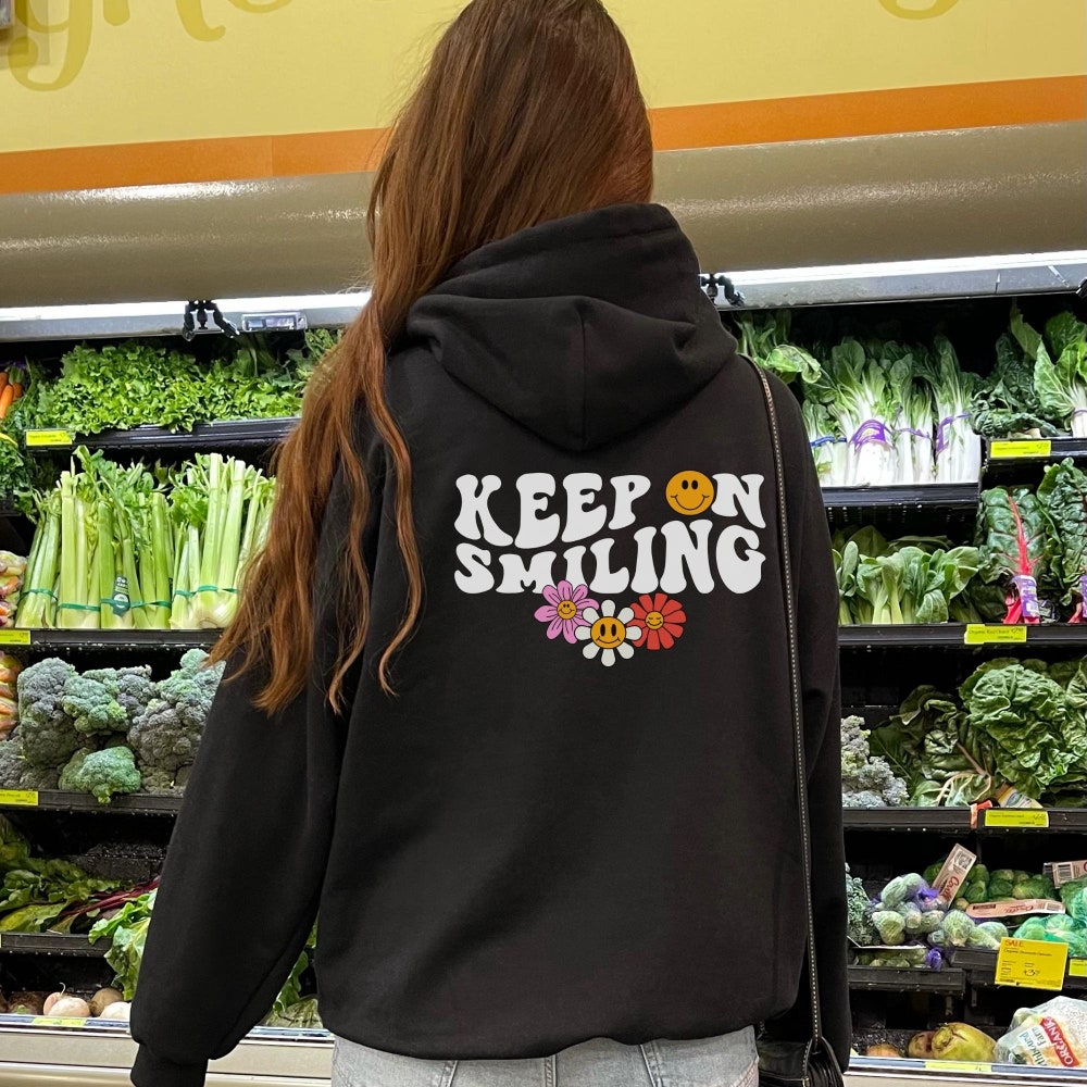 Snorider Design Keep On Smiling Retro Flower Hoodie, Cool Retro Hoodie With Message On Back, Trendy Groovy Hoodie With Back Print, Positive Message On Back