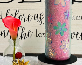 Pastel Glitter Flowers 20oz Tumbler | Rainbow Ombre