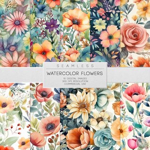 Könnte beinhalten: Ein Set mit 10 digitalen, nahtlosen Aquarell-Blumenmustern. Die Muster zeigen eine Vielzahl von Blumen in den Farben Rosa, Orange, Gelb, Blau und Grün. Der Text "Seamless Watercolor Flowers" wird in der Mitte des Bildes angezeigt. Der Text "10 Digital Images 300 DPI Resolution Commercial Use" wird unter dem Titel angezeigt.