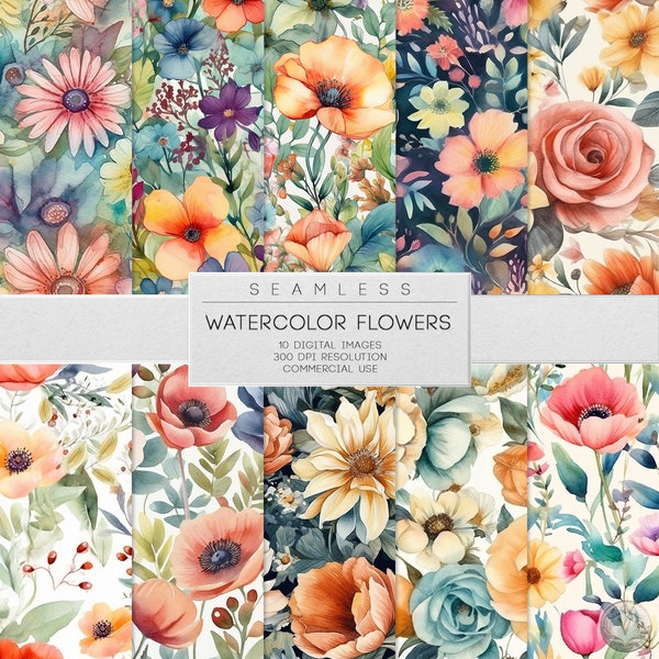 Watercolor Flower Pattern Digital Bundle - 10 Seamless Pattern Designs - Scrapbook Papers - Floral Digital Papers - Printable Patterns