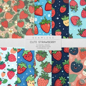 Könnte beinhalten: Ein Set mit 10 digitalen nahtlosen Mustern mit niedlichen Comic-Erdbeeren in verschiedenen Farben und Designs. Die Muster sind perfekt für Basteln, Scrapbooking und digitale Projekte.