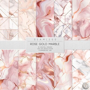 Könnte beinhalten: Ein Set mit 10 nahtlosen digitalen Papiermustern mit roségoldfarbenem Marmor und geometrischen Designs. Die Muster haben eine Auflösung von 300 DPI und sind für kommerzielle Zwecke bestimmt.