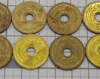 8 Real Japanese Coins (5-yen) - set of EIGHT (8) - circulated, various years , From Japan