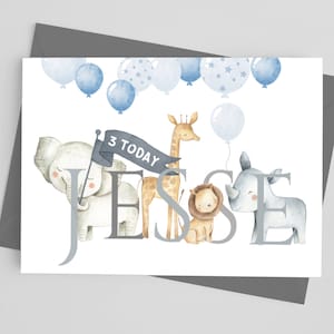Cartão de aniversário personalizado com nome e idade para 1º, 2º, 3º, 4º e 5º ano, cartão para meninos, selva, animais de safári, decorado à mão, elefantes, girafas