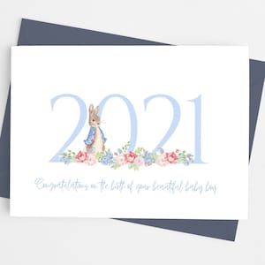 Nieuwe baby, Peter Rabbit-kaart, nieuwe babyjongenskaart, nieuwe ouderskaart, nieuwe baby-felicitatiekaart