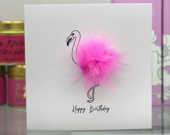 Flamingo Birthday Card, Happy Birthday, Handmade Birthday Card, Pink Flamingo Card, Fluffy Flamingo Greeting Card, 3D Card