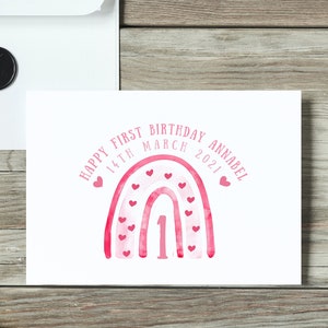 Biglietto di primo compleanno personalizzato, biglietto di primo compleanno Arcobaleno, biglietto arcobaleno rosa, biglietto per ragazze con arcobaleni e cuori, carta per lei