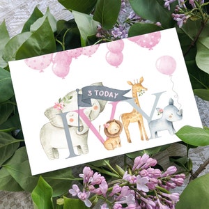 1º, 2º, 3º, 4º 5º Cartão de aniversário personalizado com nome e idade, cartão de menina, selva, animais de safari, decorado à mão com pedras preciosas