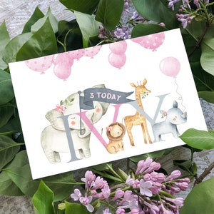 1st, 2nd, 3rd, 4th 5th Personalised Name & Age  Birthday Card, Little Girl's Card, Jungle, Safari Animals, Hand Decorated With Gems