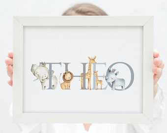 Personalized Safari Nursery Print: Animal Name Art