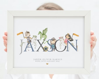 Personalised Fairytale Print, Name Personalised Nursery Print, Child's Bedroom Print, Knights & Dragon Picture, Boy's Bedroom Print,