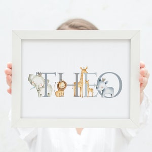 Personalised Safari Print, Personalised Name Print, Print for boy, Safari, Jungle Animals, Animal Name Print, Elephant Print, Giraffe, Rhino