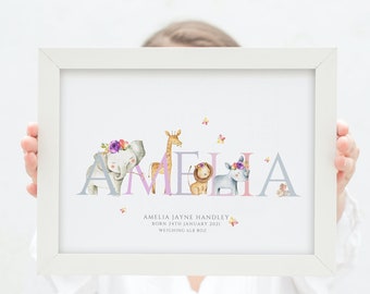 Personalised Safari Print, Personalised Name Print, Print for girl, Safari, Jungle Animals, Animal Name Print, Elephant Print, Giraffe,