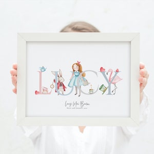 Personalised Name Print, Personalised Nursery Print, New Baby Print, Birth Details, New Parents gift,  Alice in wonderland themed print