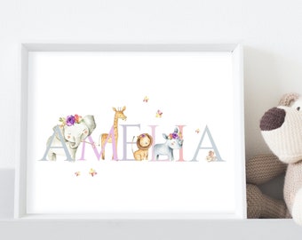 Girls Personalised Name Print, Christmas Gift, Safari, Jungle, Elephants, Giraffes, Bespoke Little Girl's Gift, Nursery Print, Keepsake Gift