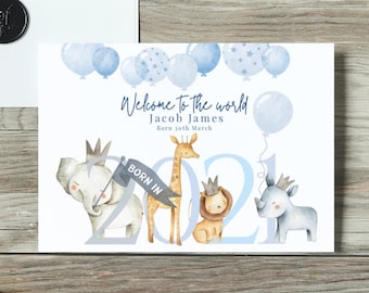 2025 Personalised New baby Card, Baby Boy Card, Jungle, Safari Animals, Birth Details, New Parents Card,  Hand Decorated With Gems