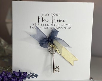 New home card, with key, wooden tag and grey bow, 6x6 card