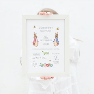 New Baby, Personalised Flopsy Bunny and Peter  Rabbit Nursery Print, Beatrix Potter Birth Details, New baby gift, Birth gift