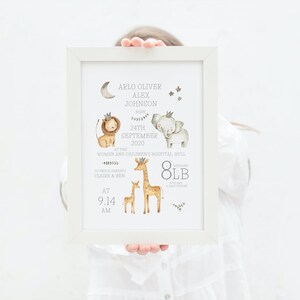 Personalised Safari Animals Print, Including Birth Details, New Baby ...