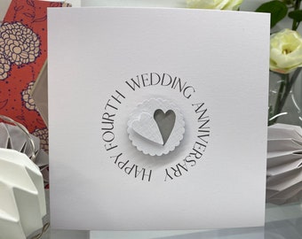 Vierde (4e) huwelijksverjaardag, vierjarig jubileum, linnen verjaardag, handgemaakt op maat 3D, linnen papier hart trouwkaart, linnen