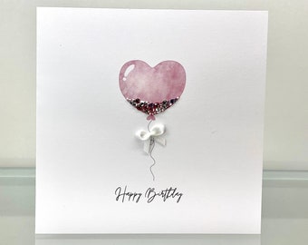 Pink Heart Balloon Card, Balloon Greeting Card, Pink Heart Balloon, Birthday Card, Happy Birthday, Decorated with gems and bow