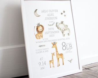 Personalised safari animals print, including birth details, new baby gift, featuring elephants, giraffes and lions, stars and moon