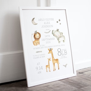 Personalised safari animals print, including birth details, new baby gift, featuring elephants, giraffes and lions, stars and moon