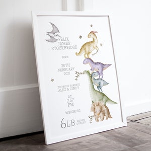 Personalisierter Dinosaurier Druck, Geburtsdetails Druck, neues Baby Geschenk, Geschenk für neue Eltern, Taufgeschenk, Geburtsdatensatz, Erinnerungsgeschenk, Dinosaurier