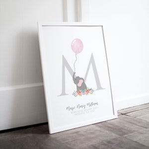 Impresión personalizada de la carta del elefante de los niños, impresión personalizada de la guardería de la niña, nuevo regalo del bebé, nueva impresión del bebé, impresión personalizada de la niña