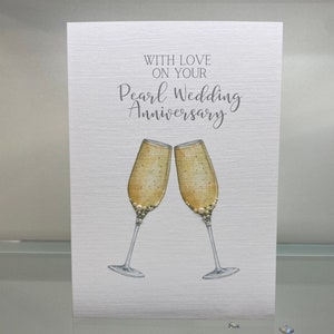 Cartão de aniversário de casamento de pérola, flautas de champanhe, 30º aniversário de casamento, cartão de felicitações, cartão de aniversário, lindamente decorado