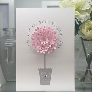 Cartão de casamento, personalizado com o ano, cartão de buquê de casamento de luxo, cartão de casamento com topiaria, pedra de coração, cartão de lembrança, cartão de casamento floral