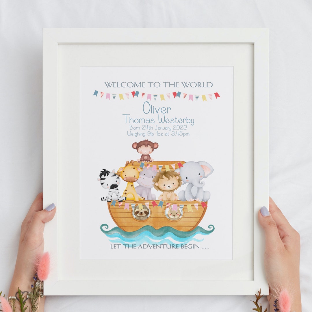 Personalised Safari Animals Print, Including Birth Details, New Baby ...