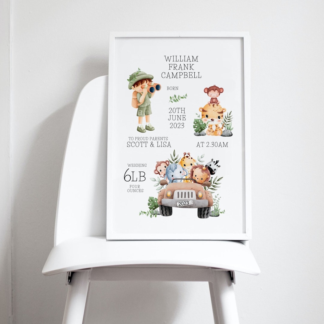 Personalised Safari Animals Print, Including Birth Details, New Baby ...